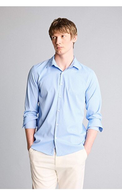 DeFacto Slım Fıt Gömlek Yaka Çizgili Poplin Uzun Kollu Gömlek
