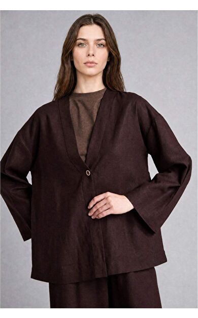DeFacto Regular Fıt V Yaka Keten Kimono