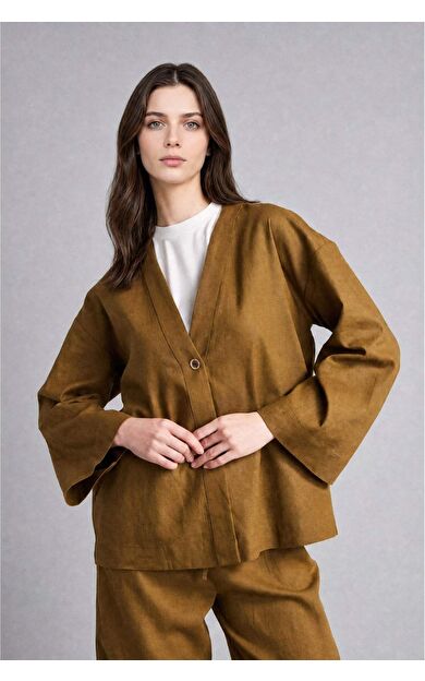 DeFacto Regular Fıt V Yaka Keten Kimono