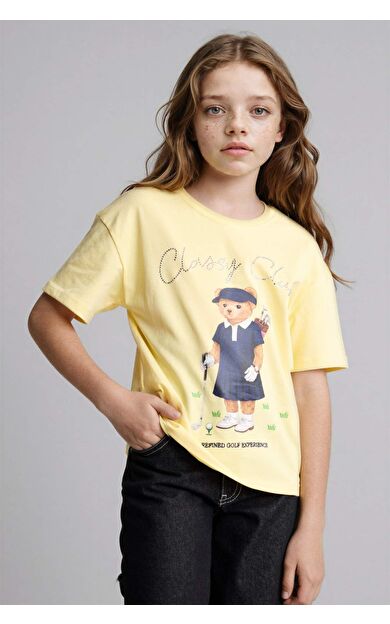 DeFacto Oversıze Bisiklet Yaka Hayvan Desenli Kısa Kollu Tişört Kız Çocuk