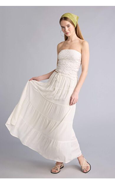 DeFacto Normal Bel Pamuk Astarlı Krinkıl Kumaş Maxi Etek