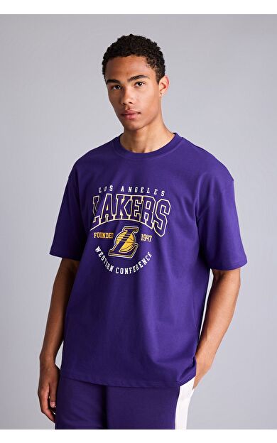 DeFacto NBA Los Angeles Lakers Lisanslı Overshırt Fıt Kısa Kollu Mor Tişört