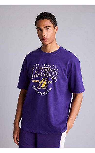 DeFacto NBA Los Angeles Lakers Lisanslı Overshırt Fıt Kısa Kollu Mor Tişört