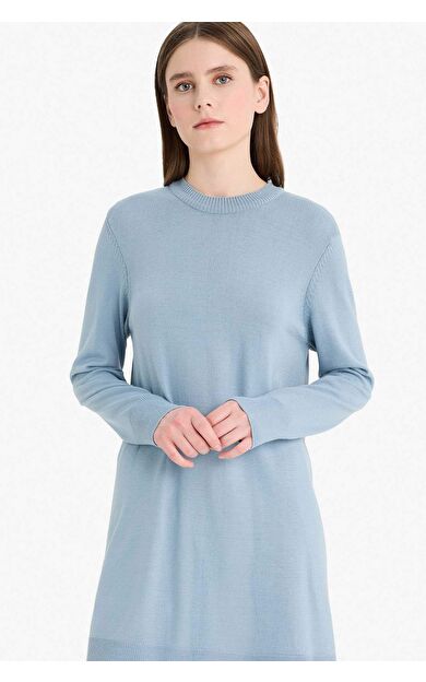 Regular Fit Bisiklet Yaka Yırtmaçlı Basic Düz Uzun Kollu Tunik