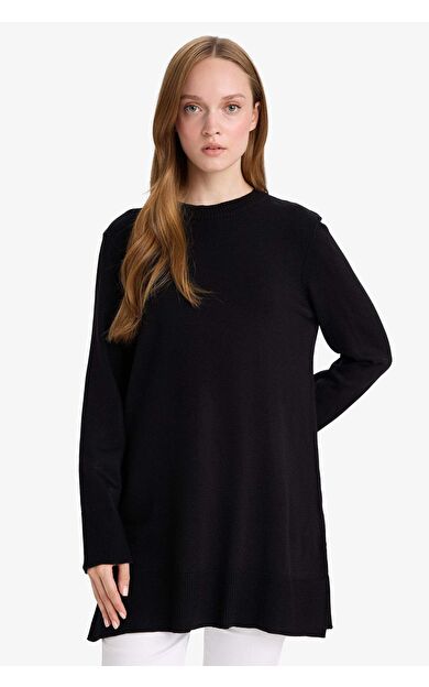 Regular Fit Bisiklet Yaka Yırtmaçlı Basic Düz Tunik