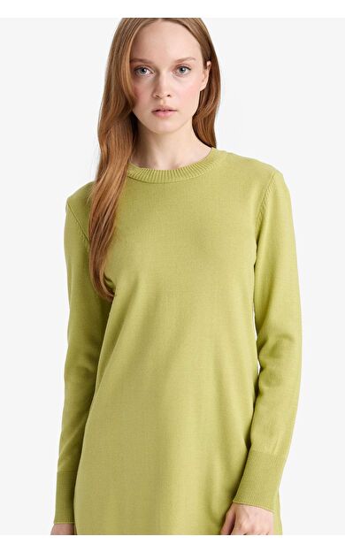 Regular Fit Bisiklet Yaka Yırtmaçlı Basic Düz Triko Kazak Tunik