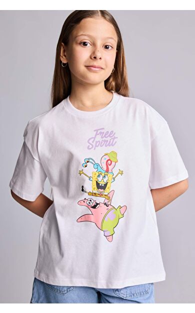 DeFacto SpongeBob Oversıze Bisiklet Yaka Kısa Kollu Tişört Kız Çocuk