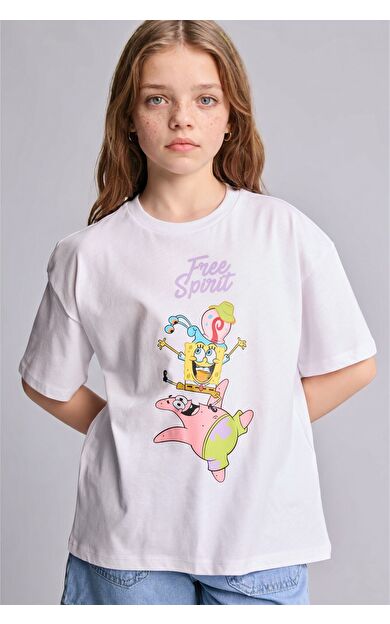 DeFacto SpongeBob Oversıze Bisiklet Yaka Kısa Kollu Tişört Kız Çocuk