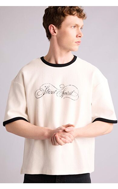 DeFacto Boxy Fıt Baskılı Waffle Kısa Kollu Tişört