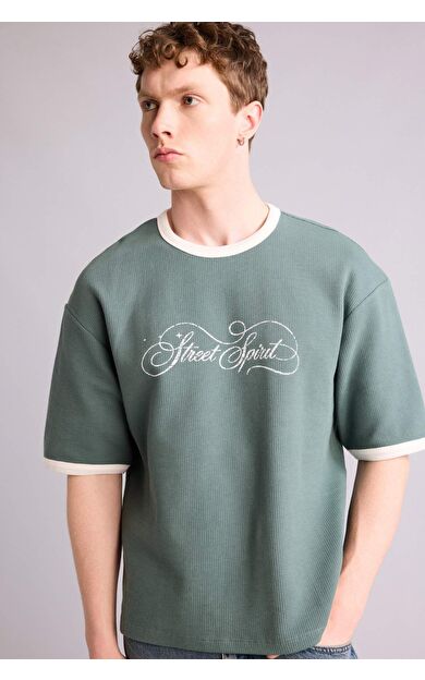 DeFacto Boxy Fıt Baskılı Waffle Kısa Kollu Tişört