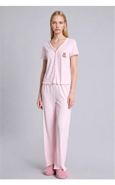 DeFacto Regular Fıt Kısa Kollu Ayıcıklı 2'li Pembe Pijama Takımı