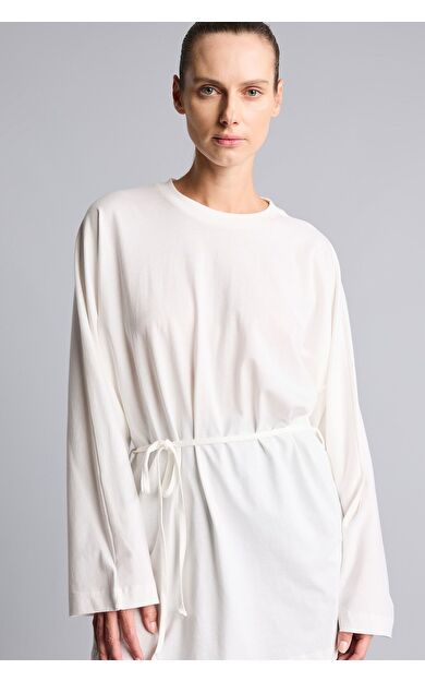 DeFacto %100 Pamuk Bisiklet Yaka Düşük Omuz Uzun Kollu Ekru Tunik