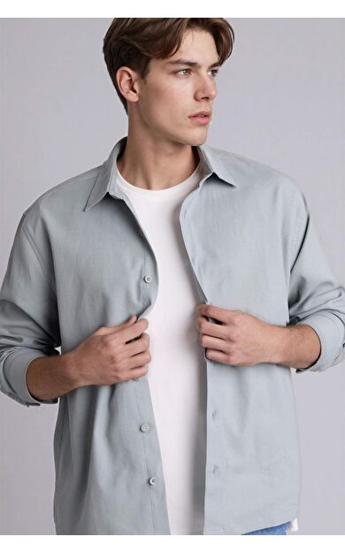 DeFacto Boxy Fıt Gömlek Yaka Dokuma Uzun Kollu Gömlek