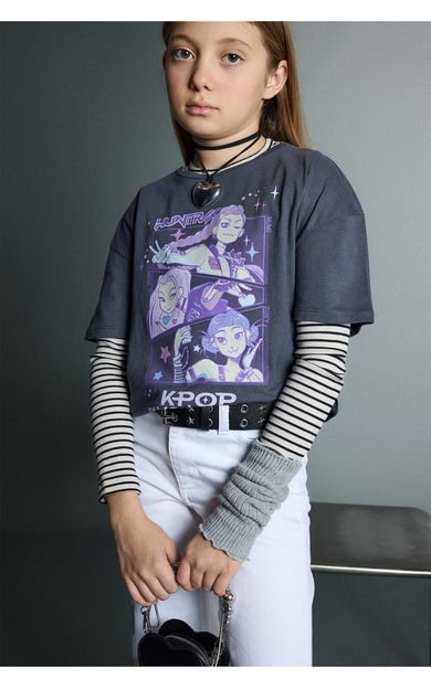 DeFacto Hello Kıtty Relax Fıt Bisiklet Yaka Kısa Kollu Tişört Kız Çocuk Antrasit H3842A826SMAR58