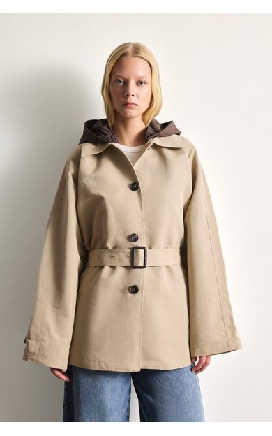DeFacto Regular Fit Kapüşonlu Kemerli Twill Trençkot