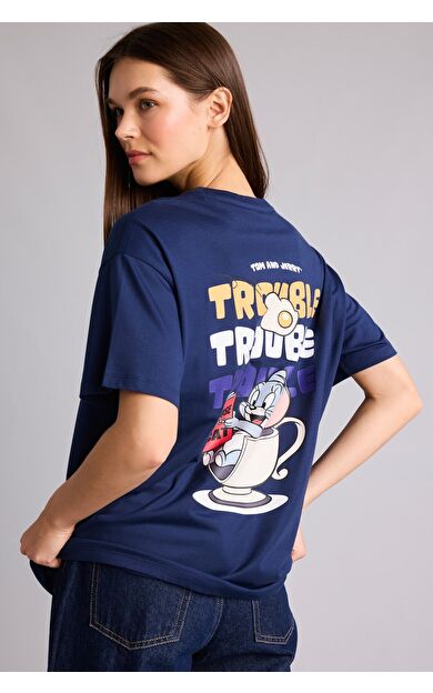 DeFacto Tom & Jerry Oversıze Bisiklet Yaka Baskılı Kısa Kollu Tişört
