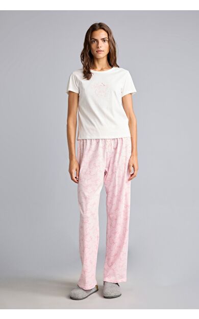 DeFacto Kısa Kollu Üst Desenli Geniş Paça Alt Pijama Takımı