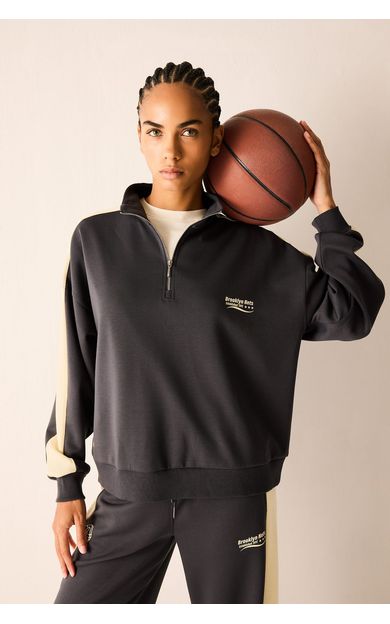 DeFacto NBA Brooklyn Nets Relaxed Fit Yarım Fermuarlı Şeritli Skuba Dalgıç Kumaş Sweatshirt