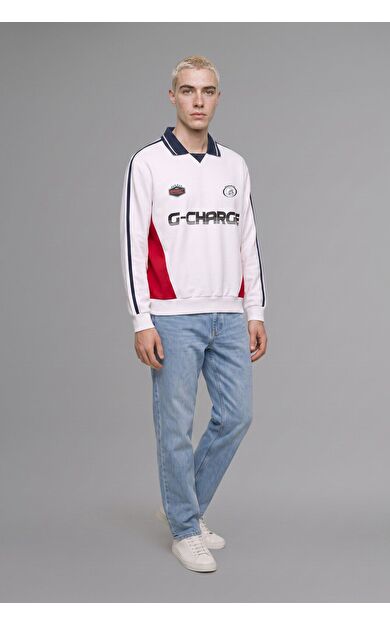 DeFacto Boxy Fit Polo Yaka Uzun Kollu Baskılı Sweatshirt