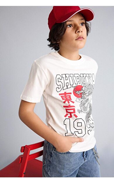 DeFacto Regular Fıt Bisiklet Yaka Baskılı Kısa Kollu Tişört Erkek Çocuk