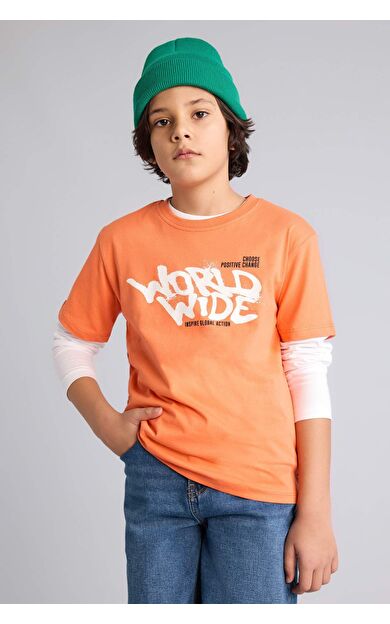 DeFacto Regular Fıt Bisiklet Yaka Baskılı Kısa Kollu Tişört Erkek Çocuk