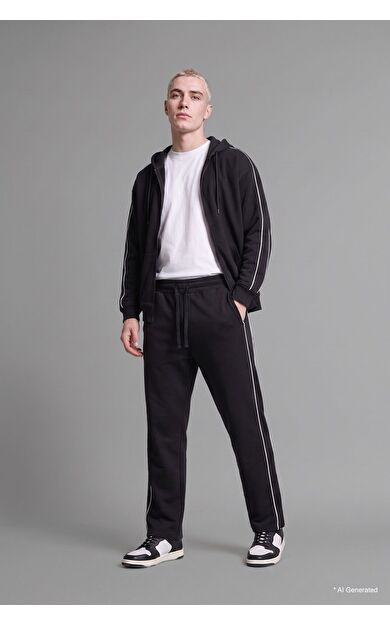 DeFacto Boxy Fit Şerit Detaylı Kapüşonlu Fermuarlı Basic Sweatshirt Hırka