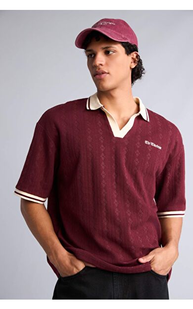 DeFacto Boxy Fıt Polo Yaka Slogan Desenli Kısa Kollu Polo Tişört