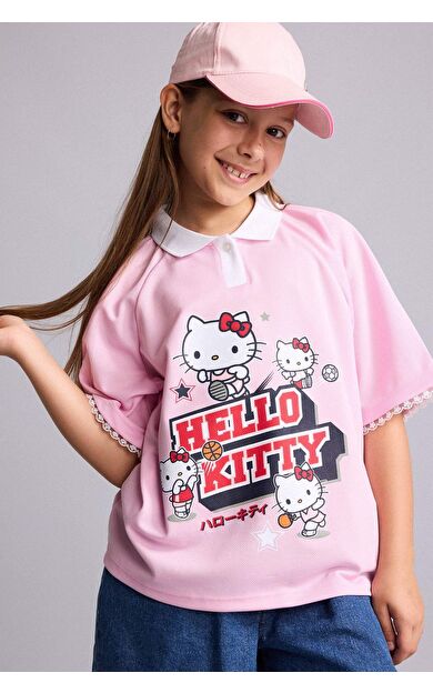 DeFacto Hello Kitty Lisanslı Relax Fıt Polo Yaka Kısa Kollu Açık Pembe Tişört Kız Çocuk