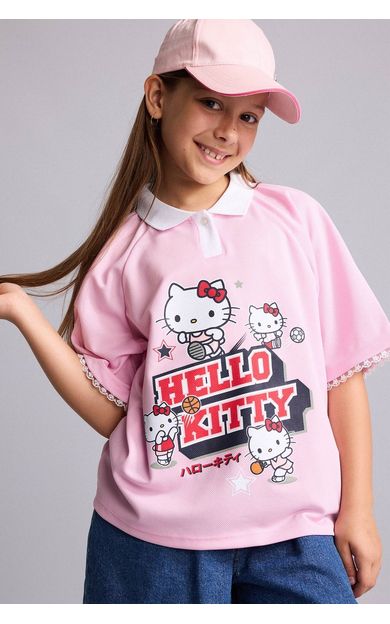 DeFacto Hello Kitty Lisanslı Relax Fıt Polo Yaka Kısa Kollu Açık Pembe Tişört Kız Çocuk