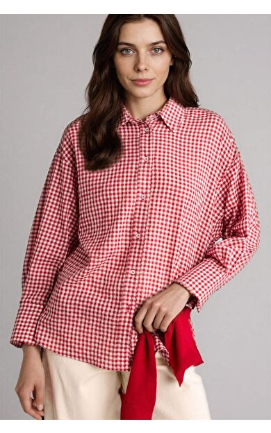 DeFacto Regular Fıt Dama Desenli Krinkıl Kumaş Uzun Kollu Tunik