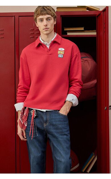 DeFacto Boxy Fit Polo Yaka Düğmeli Baskılı Sweatshirt
