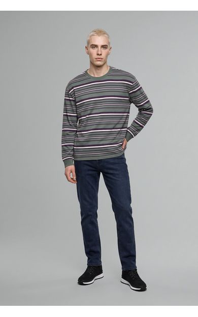 DeFacto Boxy Fit Bisiklet Yaka Çizgili Sweatshirt Haki