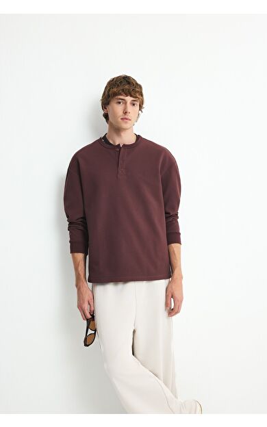 DeFacto Boxy Fit Düğme Patlı Bisiklet Yaka Waffle Uzun Kollu Sweatshirt