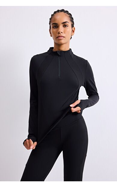 DeFacto Slim Fit Esnek Kumaş Dik Yaka Yarım Fermuarlı Sporcu Uzun Kollu Basic Tişört