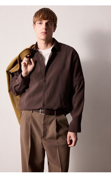 DeFacto Regular Fit Polo Yaka Modal Uzun Kollu Gömlek Kahve