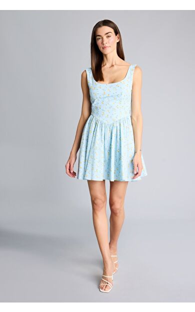 DeFacto V Yaka Floral Poplin Kolsuz Mini Elbise