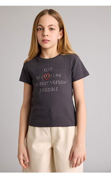 DeFacto Regular Fıt Slogan Baskılı Fitilli Kaşkorse Kısa Kollu Tişört Kız Çocuk