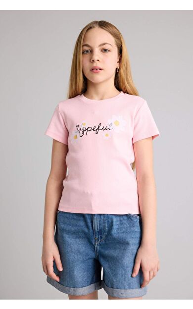 DeFacto Regular Fıt Fitilli Kaşkorse Kısa Kollu Tişört Kız Çocuk