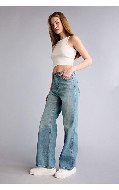 DeFacto 90's Wıde Leg Yırtık Detaylı Yüksek Bel Uzun Jean Yıkamalı Pantolon