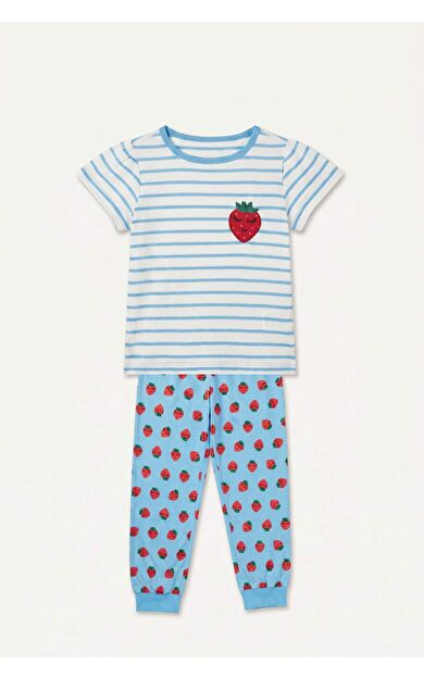 DeFacto Kısa Kollu Baskılı Tişört Baskılı Lastikli Paça Alt 2'li Pijama Takımı Kız Bebek