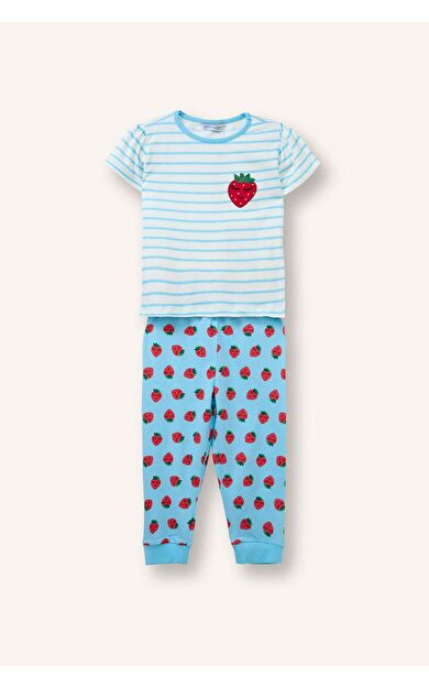 DeFacto %100 Pamuk Regular Fıt Kısa Kollu Baskılı Tişört Baskılı Lastikli Paça Alt 2'li Pijama Takımı Kız Bebek