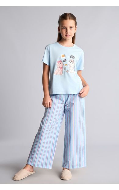 DeFacto %100 Pamuk Baskılı Kısa Kollu Üst Çizgili Geniş Paça Alt Regular Fit 2'li Pijama Takımı Kız Çocuk