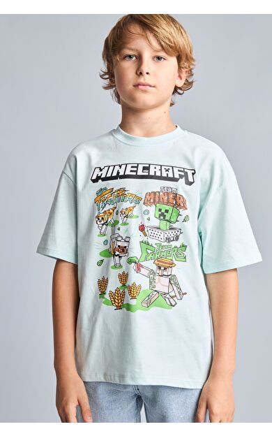 DeFacto Minecraft Lisanslı New Regular Fıt Bisiklet Yaka Kısa Kollu Nane Yeşili Tişört Erkek Çocuk