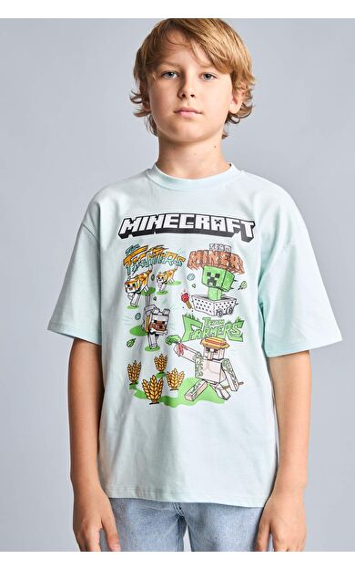 DeFacto Minecraft Lisanslı New Regular Fıt Bisiklet Yaka Kısa Kollu Nane Yeşili Tişört Erkek Çocuk