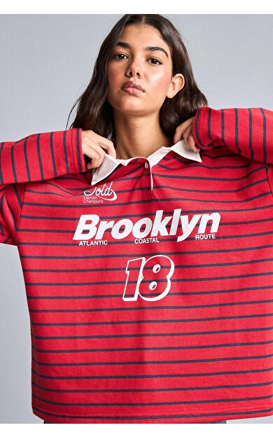 DeFacto Oversize Polo Yaka Çizgili Baskılı Kalın Kumaş Sweatshirt
