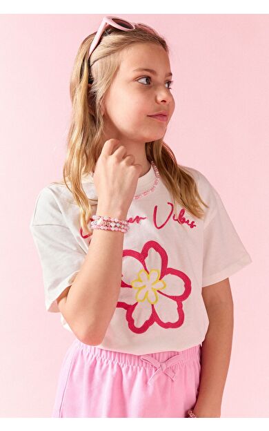 DeFacto Bisiklet Yaka Floral Kısa Kollu Tişört Kız Çocuk