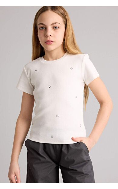 DeFacto Regular Fıt Fitilli Kaşkorse Kısa Kollu Tişört Kız Çocuk