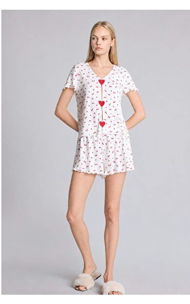 DeFacto Regular Fıt Şortlu Kısa Kollu Desenli 2'li Ecru Pijama Takımı