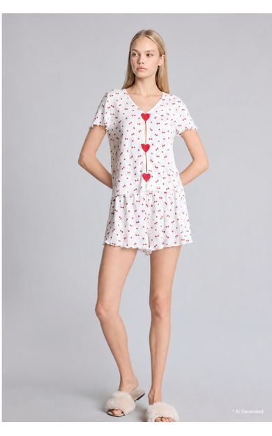 DeFacto Regular Fıt Şortlu Kısa Kollu Desenli 2'li Ecru Pijama Takımı Ekru H6373AX26HSER98