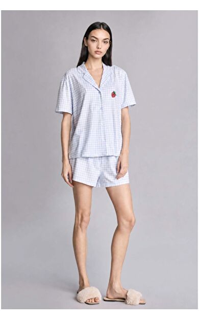 DeFacto Regular Fıt Şortlu Kısa Kollu 2'li Kareli Softshell Açık Mavi Pijama Takımı